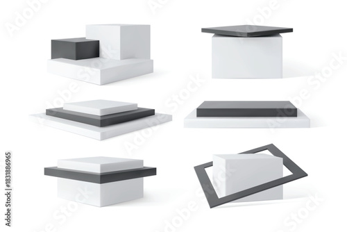 White and black cubes square shape podium stands, 3D pedestals vector set, platform for product presentation, showcase