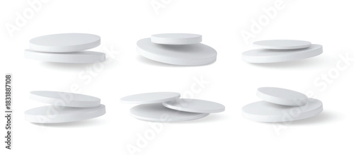White round podium stands, 3D pedestals, volumetric platform scene mockup for product stage showcase, vector cylinders