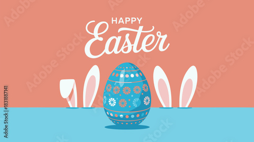 Happy easter greeting with a decorated egg and cute bunny ears peeking out