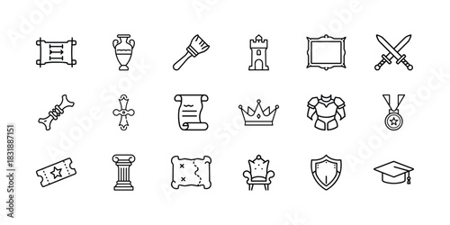 Historical and medieval outline icon set depicting ancient artifacts, royalty symbols, warfare gear, and educational achievements. modern vector graphics. Vector, illustration