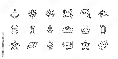 Marine and nautical icons vector set. outline symbols of sea animals, ocean elements, diving equipment, and sailing items for web and app design. Vector, illustration