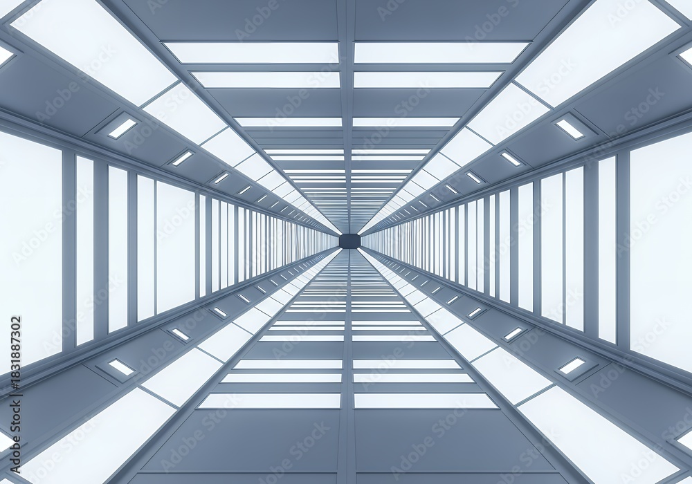 Obraz premium Bright White and Blue Futuristic Sci-Fi Tunnel Corridor with Geometric Lights and Deep Perspective
