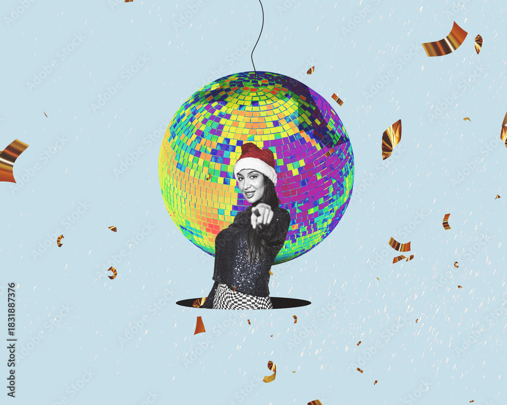 Naklejka premium Flat design. Dancing and contented christmas woman at the party in rexlexion light