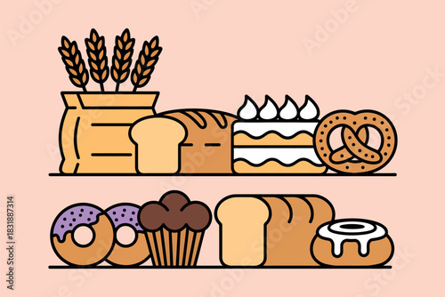 A delightful assortment of freshly baked goods, including bread, cakes, donuts, muffins, and a pretzel, is artfully displayed on two shelves, evoking a sense of abundance and culinary pleasure.
