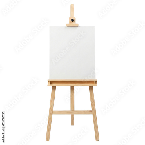 wooden artist easel with blank white canvas on the floor on Isolated transparent background png. generated with AI