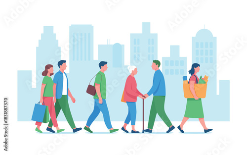 A diverse group of people of varying ages walk together in a city skyline silhouette background, showcasing urban lifestyle and community.