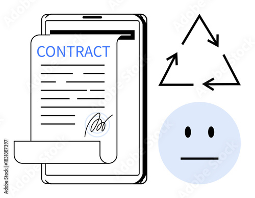 Tablet displaying contract with signature, recycling symbol, and neutral face. Ideal for legal documents, sustainability, digital workflows, efficiency, eco-awareness, e-signatures simple flat