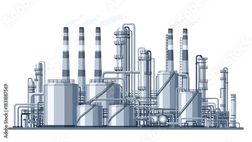 Modern industrial plant design with smokestacks and tanks against white backdrop conveys power and production for energy or chemical companies
