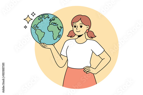 A young person confidently holds the globe, symbolizing environmental responsibility and global care.