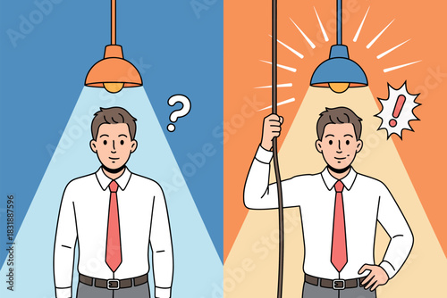 A man experiences a moment of confusion under a dim light and then a bright idea under an illuminated lamp.