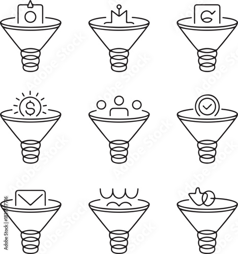 Funnel icons, sales process, marketing strategy, lead generation, data filter, conversion rate, business pipeline