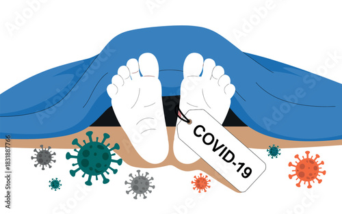 The grim reality of COVID-19's impact is illustrated with a body covered by a blue sheet, feet exposed with a tag indicating the cause of death as COVID-19, surrounded by viral particles.