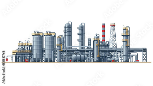 Modern refinery illustration showcasing intricate industrial architecture and engineering, perfect for energy or chemical industry marketing material