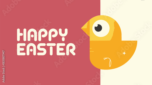 Whimsical yellow chick greets you with happy easter wishes on a split background