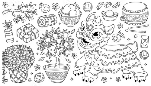 Collection of festive elements for Lunar New Year, Chinese New Year, Vietnamese Tet. Doodle outline illustrations, icons, coloring page. Lion or unicorn dance, tangerine tree, drum, flowers, food.
