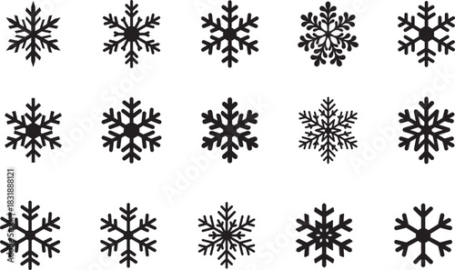   Bold silhouette snowflake pattern icon set featuring isolated winter shapes ideal for seasonal designs.