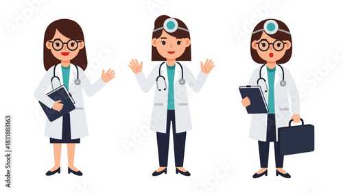 Flat vector collection of cute woman doctors in multiple poses with stethoscope, charts, and medical tools. Ideal for healthcare graphics, job icons, and profession sticker themes