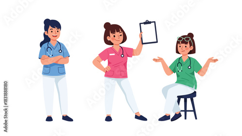 Flat vector collection of cute woman doctors in multiple poses with stethoscope, charts, and medical tools. Ideal for healthcare graphics, job icons, and profession sticker themes