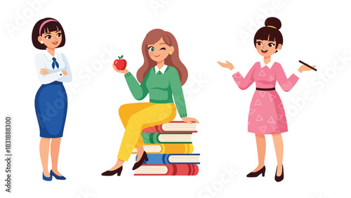 Flat vector sticker set showing cute woman teachers teaching lessons, reading books, and pointing at boards. Ideal for education visuals and job-themed collections