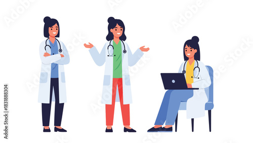 Flat vector collection of cute woman doctors in multiple poses with stethoscope, charts, and medical tools. Ideal for healthcare graphics, job icons, and profession sticker themes