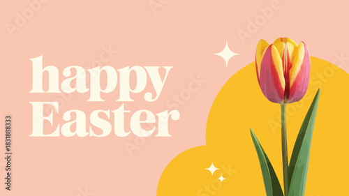 Happy easter greeting with a vibrant red and yellow tulip on a soft pink background