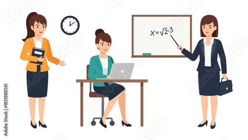 Flat vector sticker set showing cute woman teachers teaching lessons, reading books, and pointing at boards. Ideal for education visuals and job-themed collections