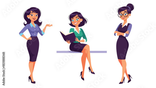 Flat vector sticker set showing cute woman teachers teaching lessons, reading books, and pointing at boards. Ideal for education visuals and job-themed collections