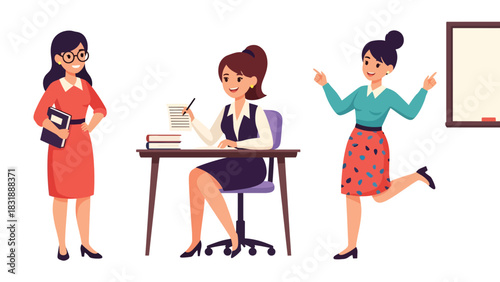 Flat vector sticker set showing cute woman teachers teaching lessons, reading books, and pointing at boards. Ideal for education visuals and job-themed collections