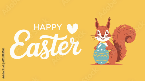 Adorable squirrel holding a decorated easter egg with happy easter greeting and heart
