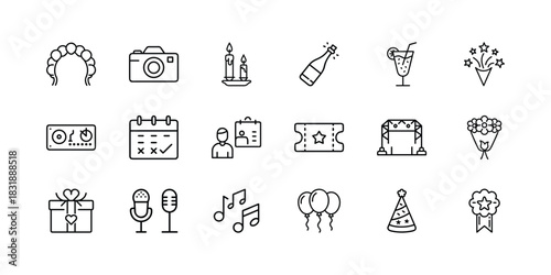 Event and celebration line icons set featuring party planning essentials, entertainment symbols, and festive items on a clean background. Vector, illustration