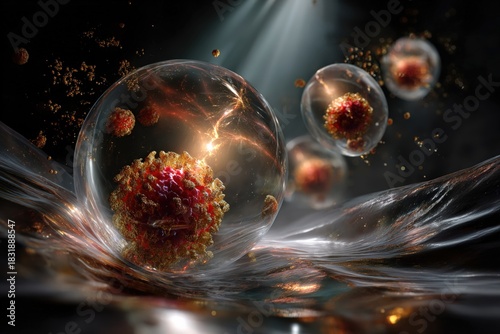 futuristic microscopic view of glowing viral particles enclosed in transparent spheres drifting through a fluid environment with dynamic light, energy bursts and intricate biological textures