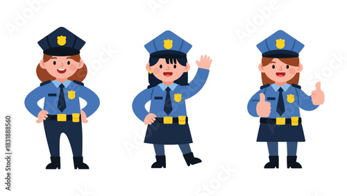 Flat vector collection of cute women police officers in action poses, directing traffic, writing tickets, and saluting. Ideal for law enforcement job themes