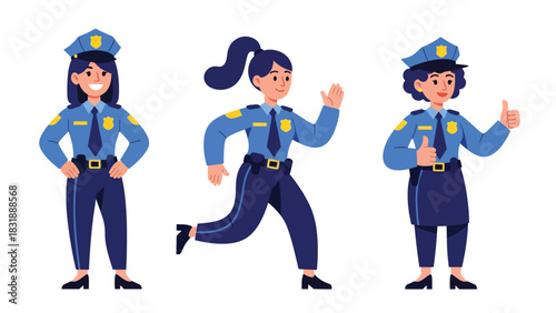 Flat vector collection of cute women police officers in action poses, directing traffic, writing tickets, and saluting. Ideal for law enforcement job themes
