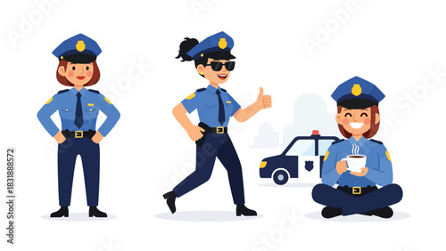 Flat vector collection of cute women police officers in action poses, directing traffic, writing tickets, and saluting. Ideal for law enforcement job themes