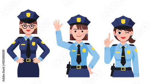 Flat vector collection of cute women police officers in action poses, directing traffic, writing tickets, and saluting. Ideal for law enforcement job themes