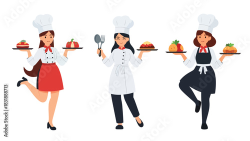 Flat vector set of adorable women chefs cooking, stirring, plating food, and baking. Great for culinary job icons, food branding, and cooking-themed stickers