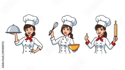 Flat vector set of adorable women chefs cooking, stirring, plating food, and baking. Great for culinary job icons, food branding, and cooking-themed stickers