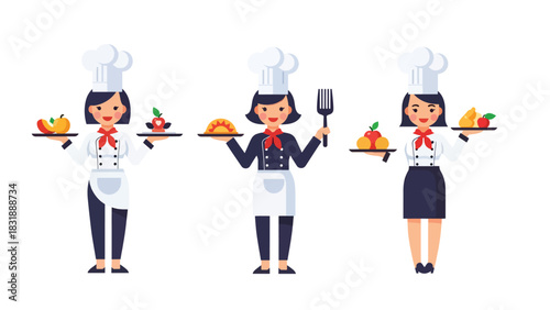 Flat vector set of adorable women chefs cooking, stirring, plating food, and baking. Great for culinary job icons, food branding, and cooking-themed stickers