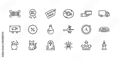 A diverse line icon set featuring e-commerce, sales, shopping, delivery, black friday, and halloween spooky elements for various design projects and themes. Vector, illustration