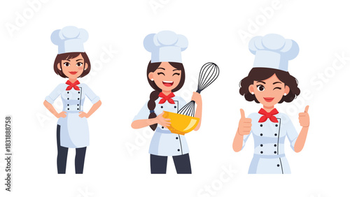 Flat vector set of adorable women chefs cooking, stirring, plating food, and baking. Great for culinary job icons, food branding, and cooking-themed stickers