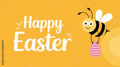 Cute cartoon bee holding a striped easter egg with happy easter text on a yellow background