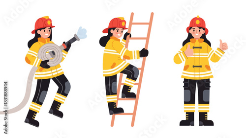 Flat vector sticker set of women firefighters with helmet, hose, extinguisher, and rescue poses. Perfect for emergency careers and professional graphics