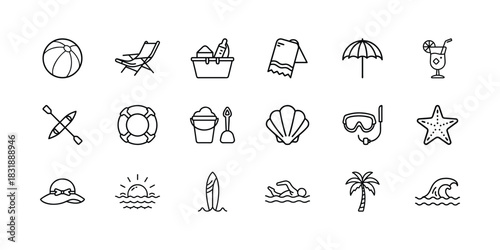 Diverse collection of summer and beach vacation themed line icons, featuring travel essentials, leisure activities, and holiday relaxation symbols. Vector, illustration