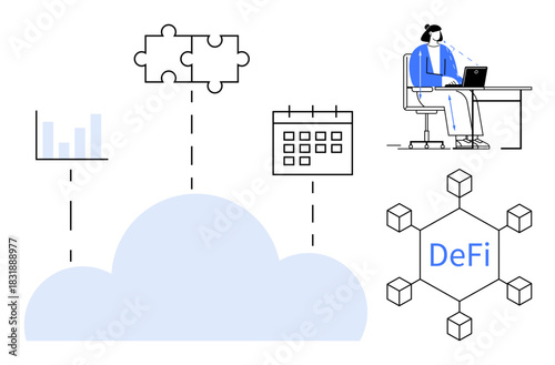 DeFi concept. DeFi blockchain networks with cloud technology enabling financial transparency and decentralized solutions. DeFi in fintech, data analytics, blockchain, remote work, innovation