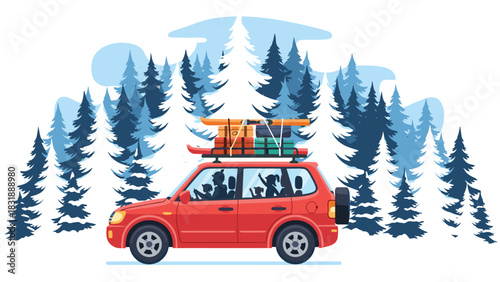 Family winter adventure awaits! Red car packed for snowy getaway through forest, creating lasting memories on exciting road trip vacation