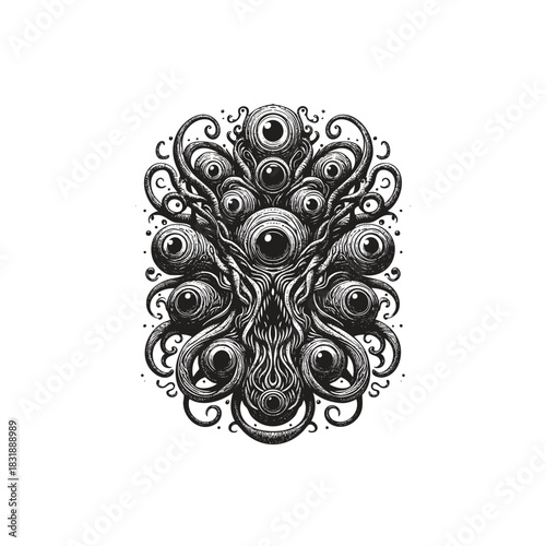 surreal Vintage engraving illustration of a horrific creature composed entirely of tentacles and multiple staring eyes, arranged in a symmetrical, demonic pattern