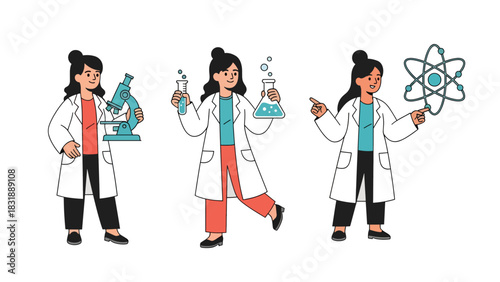 Flat vector collection of cute women scientists holding test tubes, microscopes, and lab tools. Ideal for STEM careers, lab visuals, and educational resources