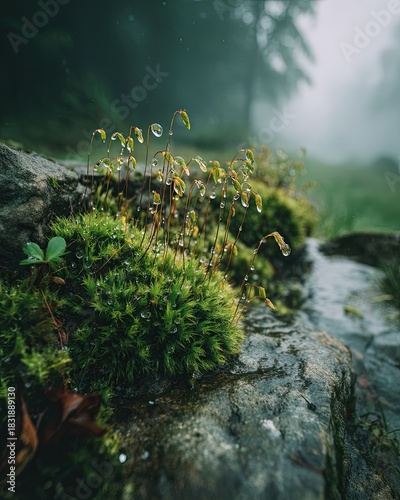 Petrichor Visual Series Fresh Earth After Rain Lush moss growing on a rocky surface in fog.