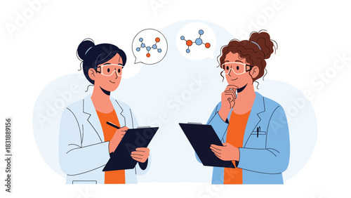 Flat vector collection of cute women scientists holding test tubes, microscopes, and lab tools. Ideal for STEM careers, lab visuals, and educational resources