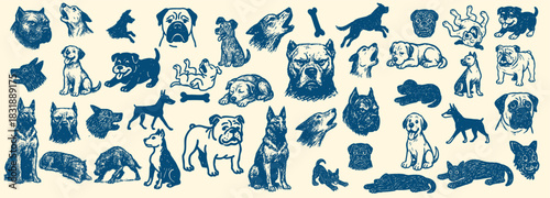 Vintage engraving style blue dog breed vector art set with playful puppies, sitting bulldogs, guard dogs and scattered bones on cream background, horizontal layout